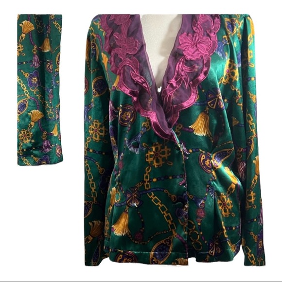 VICTORIAS SECRET🎄VTG Satiny PJ SET in teal & purple in a gold tassel print SZ S - Picture 8 of 16